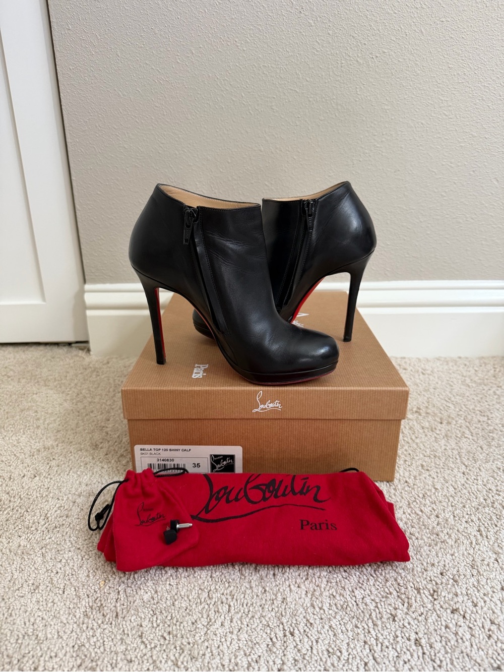Christian Louboutin Black Leather Stiletto Ankle Booties with Red Sole